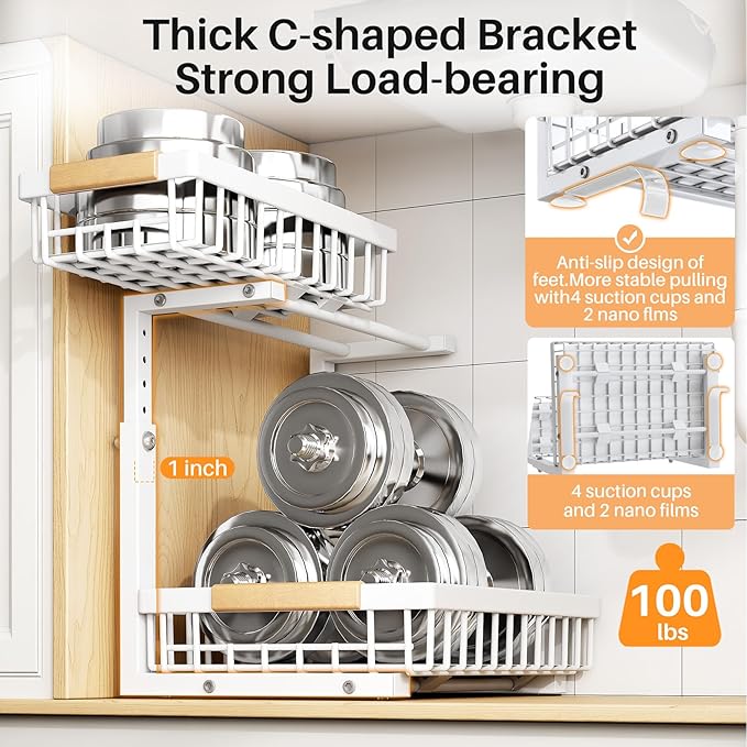 PXRACK Under Sink Organizer, Adjustable Height, 2 Tier Pull Out Under Cabinet Organizer, Slide Out Thickened Metal Under Sink Storage for Kitchen Bathroom Laundry Pantry Cabinet, 2-Pack, White