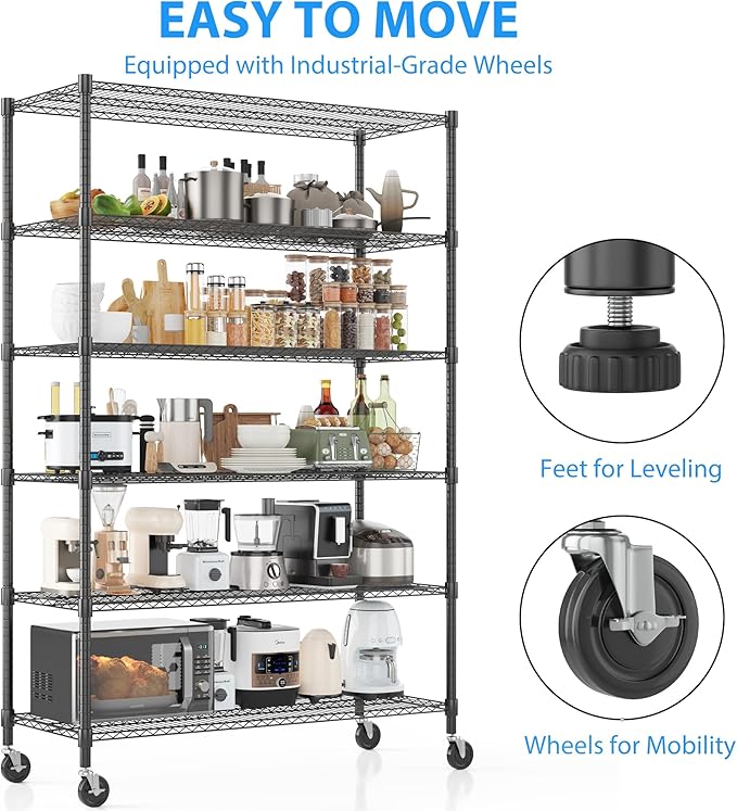 Homdox Heavy Duty Storage Shelves, 6 Tier Wire Shelving Unit with Wheels, Commercial Adjustable Metal Shelves for Storage, Garage Rack Pantry Shelves Kitchen Shelving, 18"x48"x82", Black