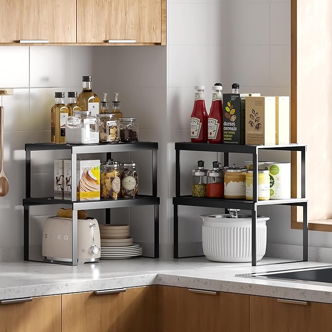 Cabinet Organizer Shelf, Set of 2 Cabinet Shelves, Stackable Metal Kitchen Counter Organizer, Adjustable Countertop Cupboard Pantry Shelf Riser Storage Rack, Black