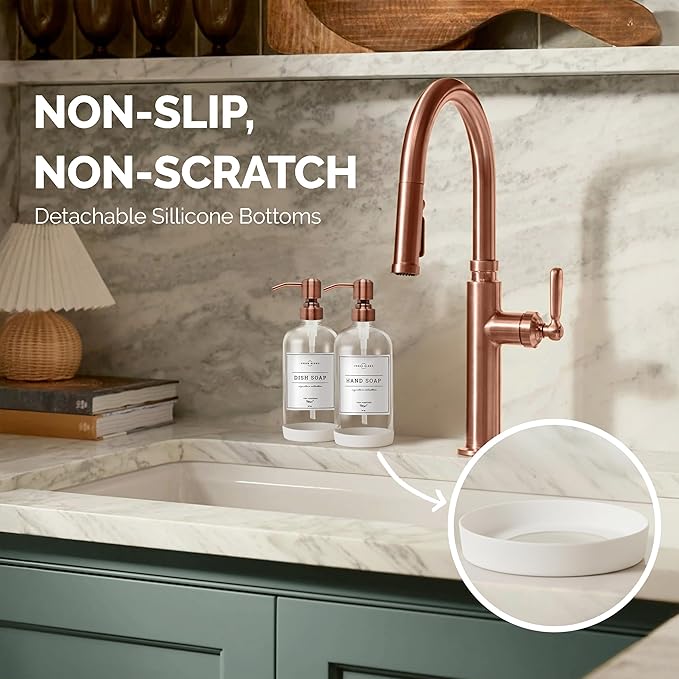 Vine Creations Clear Glass Soap Dispenser, 2 Pack Kitchen Soap Dispenser Set with Stainless Steel Pump, 16 oz Dish Soap and Hand Soap Dispensers for Bathroom with Waterproof Labels