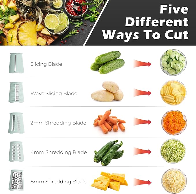 Rotary Cheese Grater Hand Crank with 5-in-1 Interchangeable Blades & Strong Suction Base Vegetables Shredder Manual Slicer for Kitchen, Green