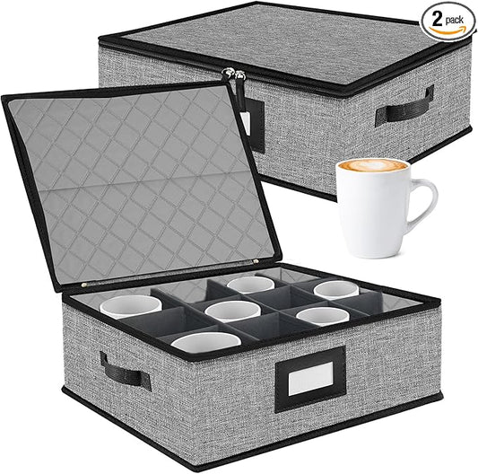2PACK Quilted Mug Cup Storage Box-China Storage Containers Hard Shell,Cup Storage Containers with Lid for Moving Transport,Kichen Dinnerware Storage