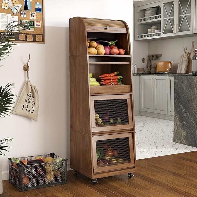 4 Tier Large Potato Storage Bin, Tall Wood Potato and Onion Storage Bin with Wheel, Movable Fruit and Vegetable Basket, Food Small Kitchen Pantry Cabinet, Wooden Bread Box, Walnut, Sliding Door