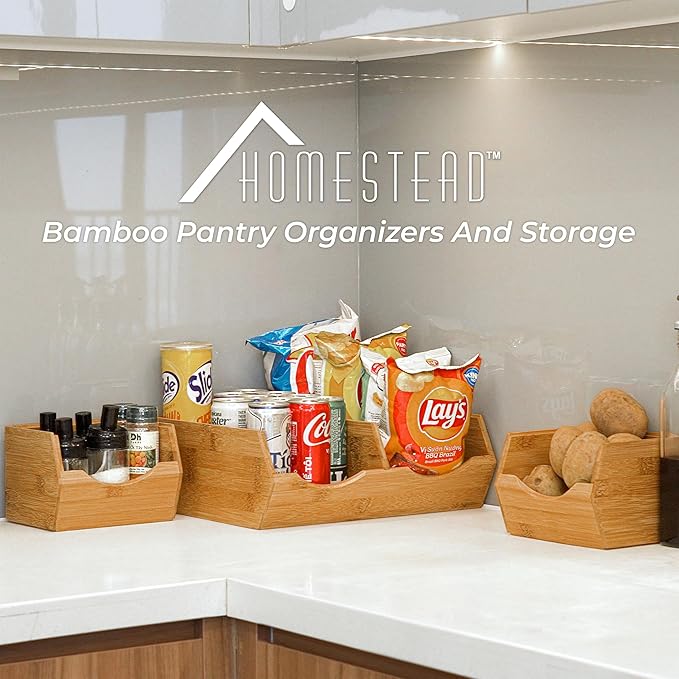 HOMESTEAD Bamboo Pantry Storage Bins – Potato & Onion Storage Bin for Pantry Organizers, Produce Organizer Set of 3 – Slide out Bin Access