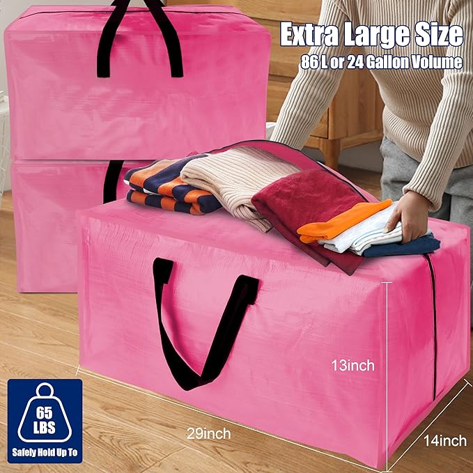 Cosy Family 4 Pack Heavy Duty Extra Large Moving Bags with Backpack Straps - Strong Handles & Zippers, Storage Totes For Space Saving, Fold Flat, Alternative to Moving Box, Pink