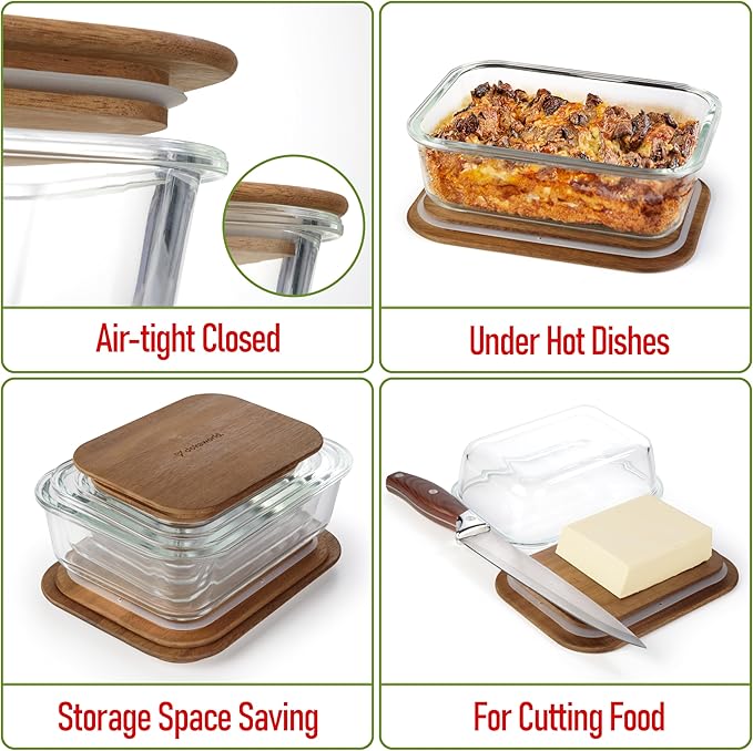 dokaworld Glass Tupperware Set with Acacia Lids - 4 Stackable Meal Prep Containers. Durable heat resistant Inert Borosilicate Glass