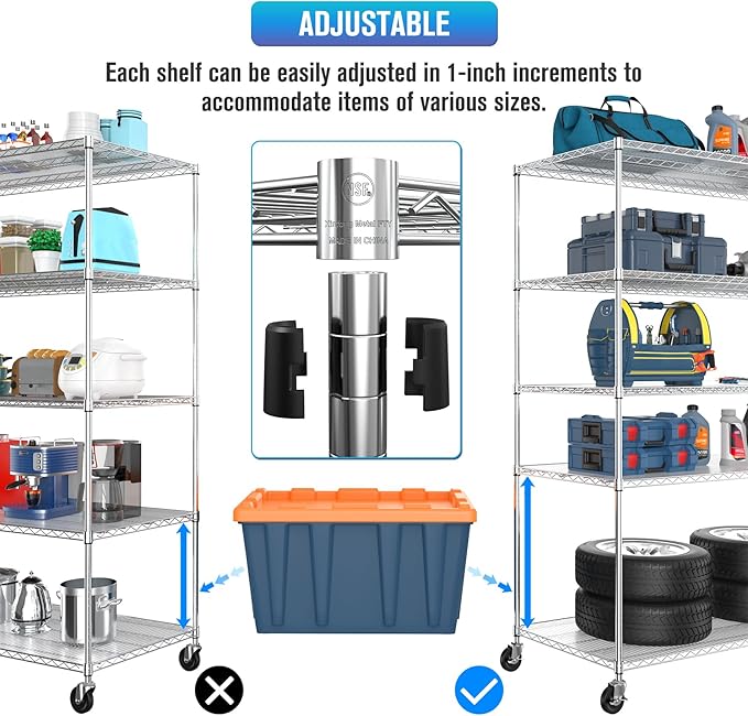 5 Tier NSF Wire Shelf Shelving Unit, 24 x 60 x 82 Inch 7500lbs Capacity Heavy Duty Adjustable Storage Metal Rack with Wheels/Leveling Feet & Shelf Liners, Ideal for Garage, Kitchen, and More - Chrome