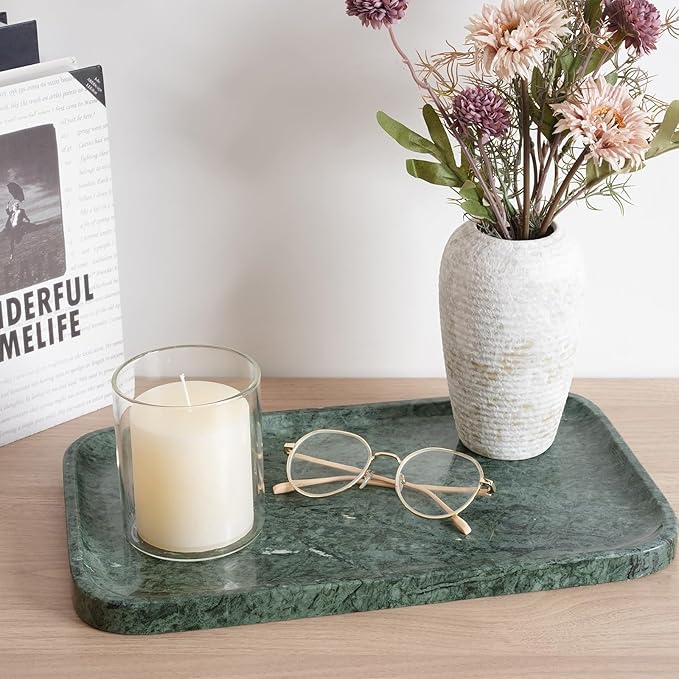 Karibiber Marble Vanity Tray, Bathroom Tray for Countertop, 14'' Green Decoration for Dresser Organizer, Large Serving for Kitchen, Marble Storage for Coffee Table, Perfume, Jewelry Holder