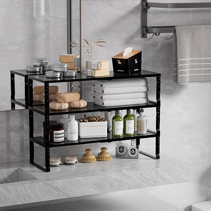 Zilvando Expandable Spice Rack & Kitchen Cabinet Organizer - Stackable, Adjustable Shelves for Cabinets, Countertops, Cupboards & Pantries(2 Packs/Large/Black)