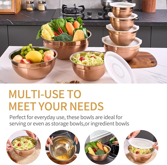 Moxinox Rose Gold Mixing Bowls with Airtight Lids, Stainless Steel Nesting Mixing Bowls Set of 7, Ideal for Baking, Prepping and Serving Food, Size 7, 3.6, 2.7, 2.1, 1.5, 1.1,0.8 QT, Stackable Design