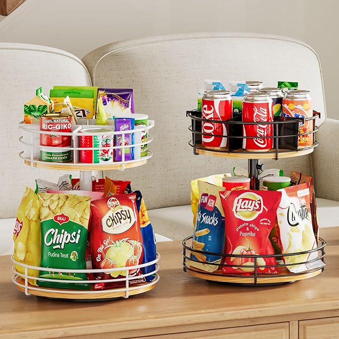 HISKIWUU 2-Tier Rotating Snack Organizer - Height Adjustable Lazy Susan Turntable for Kitchen Countertop, Black