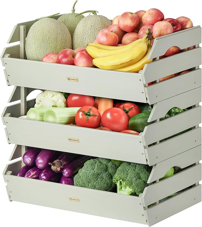 HABAU Potato Onion Storage Bin - Wood Stackable Produce Basket with Handles - Fruit and Vegetable Storage for Kitchen and Pantry Counter Organization - 3 Pack