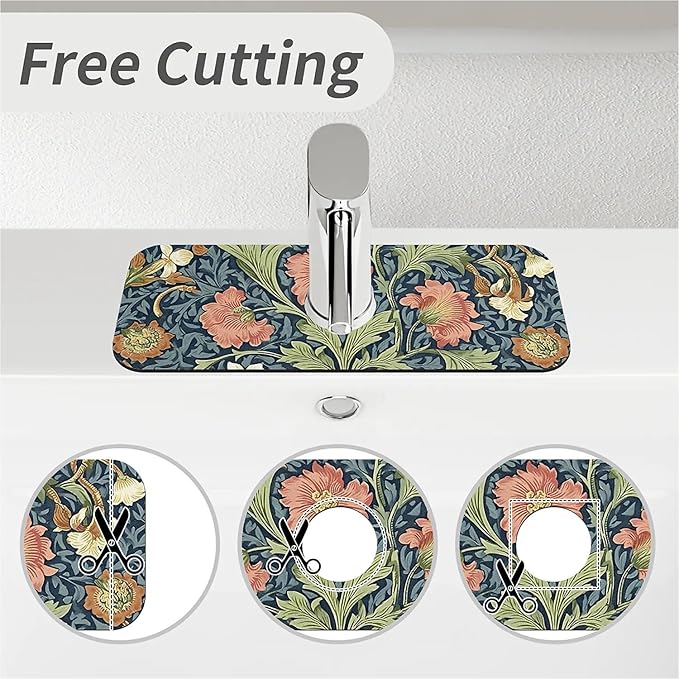Kitchen Sink Splash Guard，Floral and leaf Faucet Mat Sink Gadgets-Super Absorbent Fast Drying Mat Drip Catcher for Kitchen, Bathroom,Sink Mat, Dish Drying Mat, Bathroom(15" X 5.5" )