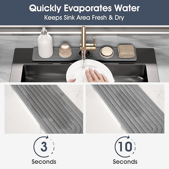 Quick Drying Stone Faucet Mat for Kitchen Sink - Diatomite Sink Mat Absorbing Stone Tray for Bathroom Counter, Sink Faucet Splash Guard Water Protector Matt for Kitchen Counter(Gray, 20" x 3.9")