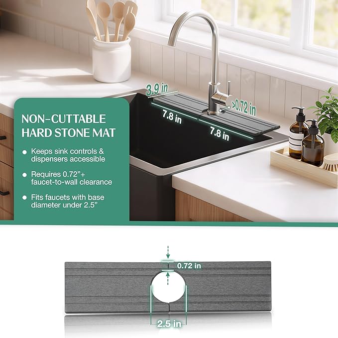 Stone Faucet Mat for Kitchen Sink Splash Guard 15.7" x 3.9" with 2.5" Center Hole | Light Grey Diatomite Drying Stone Mat | Non-Slip Stone Tray for Kitchen Counter with Premium Texture