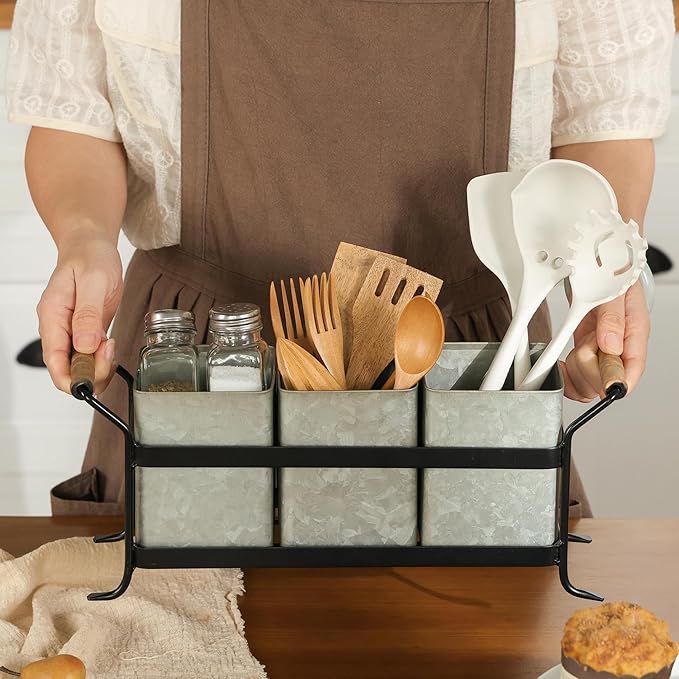 HOME PALETTE Silverware Caddy for Party Kitchen Flatware Holder for Countertop Farmhouse Galvanized Cutlery Organizer with 3 Compartments for Utensils, Spoons, Knives, Forks, Cups