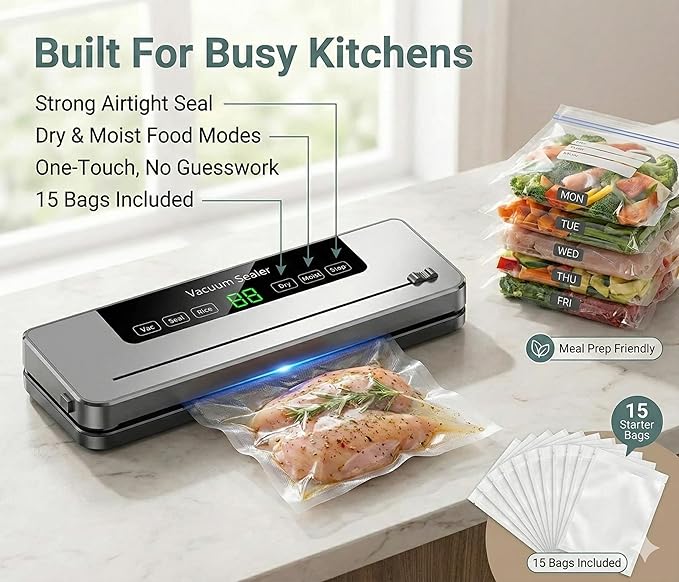 Vacuum Sealer Machine for Food |Automatic Air Sealing System with Dry & Moist Modes, One-Touch Operation &15 Bags Included. Keep Meat, Veggies & Leftovers Fresh Longer, Perfect for Meal Prep