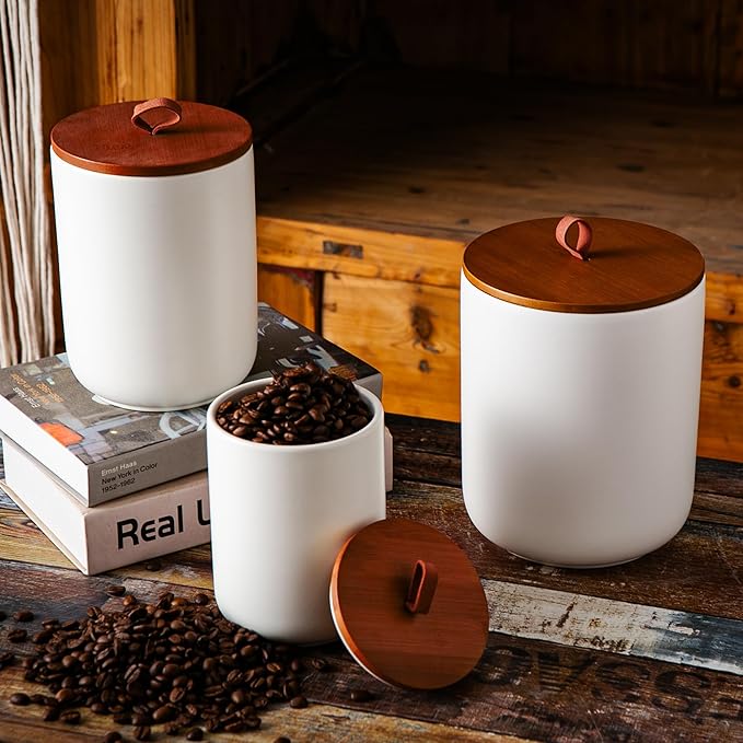JOJUNO White Ceramic Food Storage Canister Set (30 oz, 48 oz, 82 oz) with Bamboo Lids, 3-Piece Airtight Jars for Flour, Sugar, Coffee, Tea, Oats, Spice – Kitchen Storage Containers with Lids