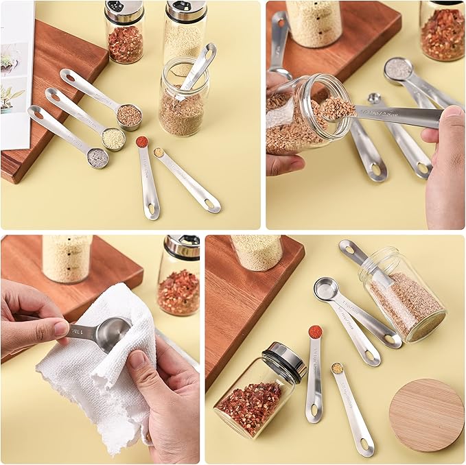 Viwehots Measuring Spoons Set 6 with Flat Bottom, 18/8 Stainless Steel Measuring Spoons Set for Dry & Liquid, Metric & US Markings Measuring Tools for Kitchen & Baking