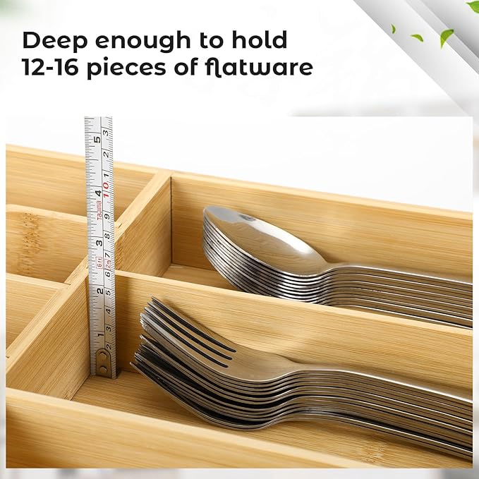 Fabsome Silverware Organizer for Kitchen Drawers, 2.5'' Deep 18.8'' Wide Bamboo Wood Flatware Tray with Deep Slots for Large Cutlery Utensil Drawer