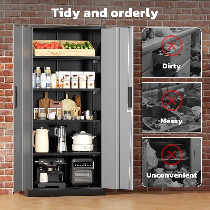 Greenvelly Metal Lockable Storage Cabinet, 72” Storage Cabinet with 2 Doors and 4 Adjustable Shelves for Office, Home, Garage, Pantry (Assembly Required, Black Grey)