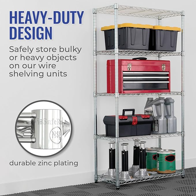 SafeRacks - NSF Certified Storage Shelves, Zinc, Heavy Duty Steel Wire Unit with Adjustable Feet, Garage or Bakers Rack, Kitchen, Pantry Shelf - (14"x30"x60" 5-Tier) (Silver)