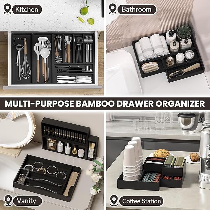 Greatseas Kitchen Drawer Organizer Bins, Stackable Bamboo Drawer Organizer for Silverware, Flatware, Deep Office Desk Organizer Tray, Desktop Pen, Office Organization Black 9" x 6" x 2.5"(Set of 2)