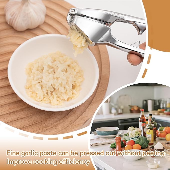 Huakai Kitchen Premium Garlic Press - Zinc Alloy Garlic Press effortlessly crushes garlic cloves, ginger chunks, nuts, and seeds. Comfortable to use and dishwasher safe.