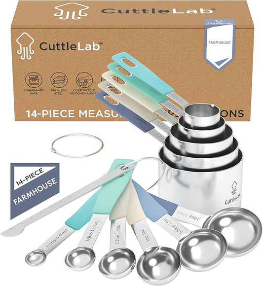 CuttleLab Measuring Cups and Measuring Spoons Set of 14 - Stainless Steel Measuring Cups and Spoons Set, Includes 1/8 Teaspoon Measuring Spoon, 1/8 Cup Measuring Cup, Leveler Dry (14, Farmhouse)