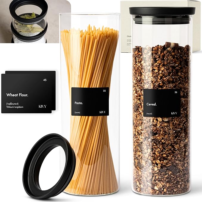 KIVY Airtight glass jars with transparent Glass Lid [2x 60oz] Glass airtight food storage containers - Pasta containers storage - Spaghetti container - Pasta containers for pantry flour Jar