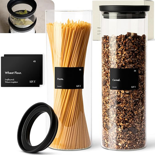 KIVY Airtight glass jars with transparent Glass Lid [2x 60oz] Glass airtight food storage containers - Pasta containers storage - Spaghetti container - Pasta containers for pantry flour Jar