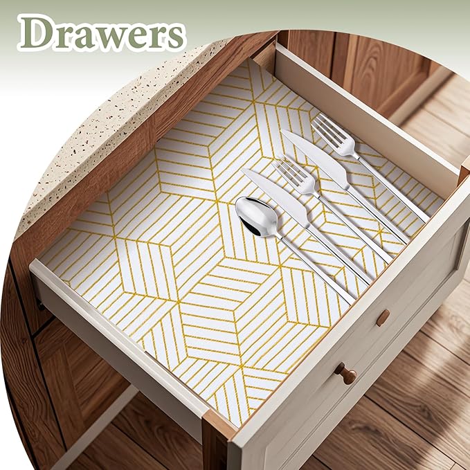 Shelf Liners for Kitchen Cabinets 35.4 in X 39.5 Ft, Non Adhesive Cabinet Liner Strong Non-Slip Thickened Gold Geometric Drawer Liner, Easy to Clean for Shelf, Cabinet with Knife and Tape Measure