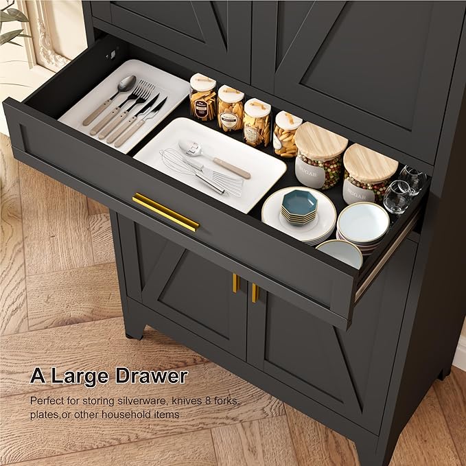 LCAOPC 71" Tall Pantry Storage Cabinet with Drawer and Adjustable Shelves, Freestanding Tall Kitchen Cupboard Storage Cabinet for Kitchen,Dining Room, Living Room, Black