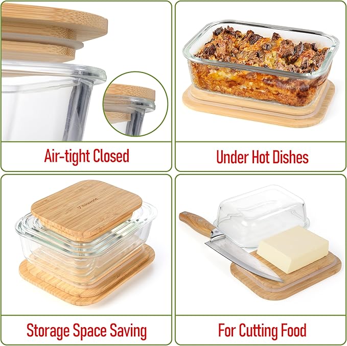 dokaworld Set of 4 Stackable Space-Saving Nesting Glass Containers with Airtight Bamboo Lids - Lunch, Meal & Food Prep - Microwave & Oven Safe BPA Free Durable Heat Resistant Inert Borosilicate Glass
