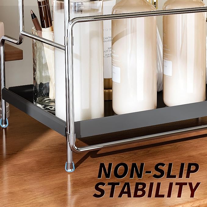 SanDream Foldable 2-Tier Bathroom Organizer Countertop & Vanity Shelf, Durable All-Iron Sink Organizer with Elegant Gray Finish, Space-Saving for Makeup, Skincare, Kitchen Storage