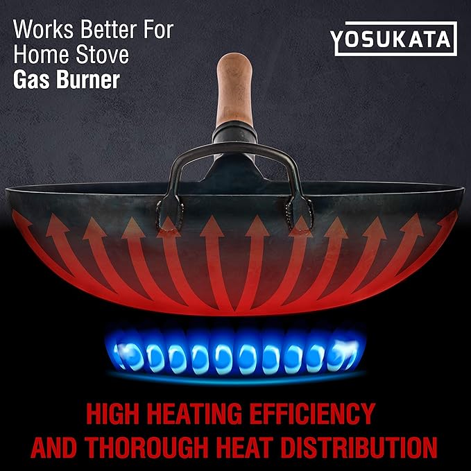 YOSUKATA Blue Carbon Steel Round Bottom Wok Pan 14" + Stainless Steel Wok Lid + 17’’ Spatula and Ladle - Set of 2 Heat-Resistant Tools