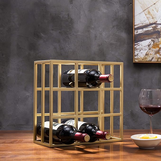 MyGif Gold Wine Rack for 9 Bottles, Modern Tabletop Freestanding Wine Holder, Horizontal Storage for Kitchen, Bar & Dining Room, Rustic Industrial Decor