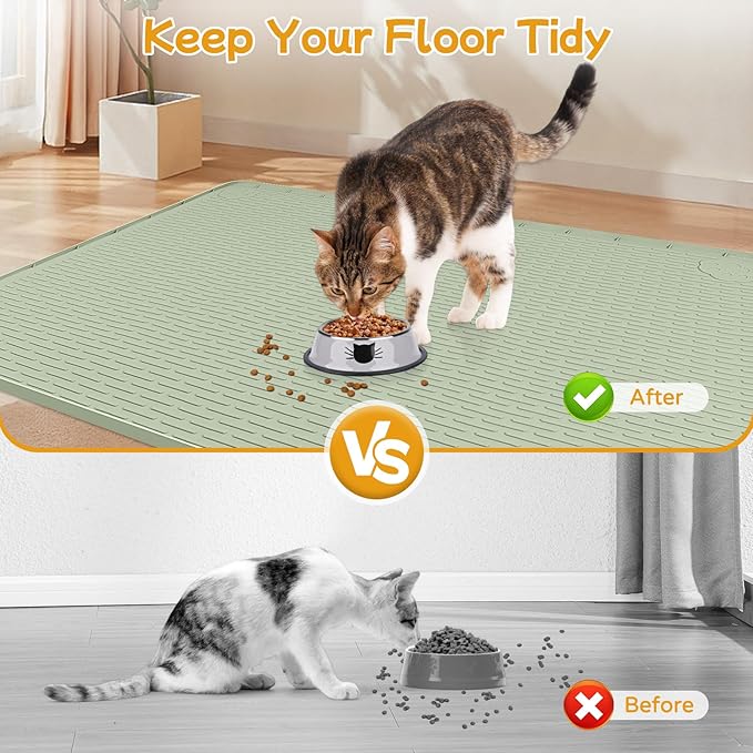 Lanstics Cat Food Mat, 40" x 28" Large Silicone Mat Cat Feeding Mat with Raised Edge Non-Slip Pet Feeding Mat for Food and Water Bowl, Easy to Clean, Floor Protection (Green)