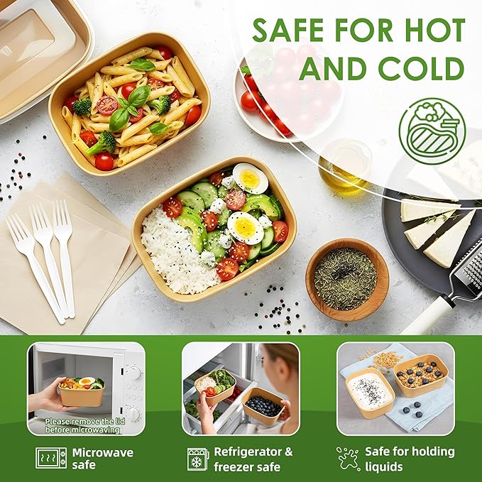 FEHHTO 50-Pack 35oz Meal Prep Containers Disposable Kraft Paper Bowls with Lids & Compostable Cornstarch Forks, Extra Large Heavy Duty Food Containers, Microwave & Freezer Safe for Hot & Cold Foods