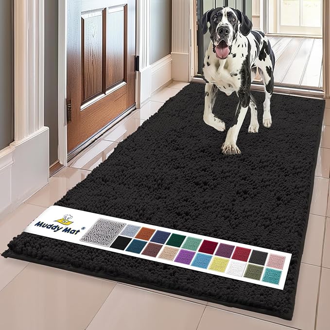 Muddy Mat® | Super Absorbent Door Mat Indoor, Microfiber Quick Dry Chenille Entryway Rug, Non-Slip Front Door Mat, Indoor Mats for Entryway, Machine Washable Pet Rug, Black 3ft x 8ft