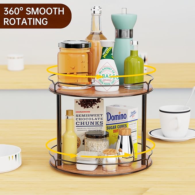 MUTUALUS 12.4" Lazy Susan Organizer 2 Tier - Rotating Spice Rack, Wooden Spinning Spice Holder for Inside Cabinet, Pantry, Kitchen, Countertop, Bathroom and Vanity, Versatile Storage