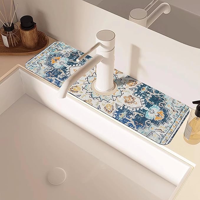 Oriental Blue Turkish Carpet Pattern Sink Faucet Absorbing Mat Sink Splash Guard Faucet Mat Draining Mat Fast Drying Sink Protectors for Kitchen and Bathroom 5.5"×15"