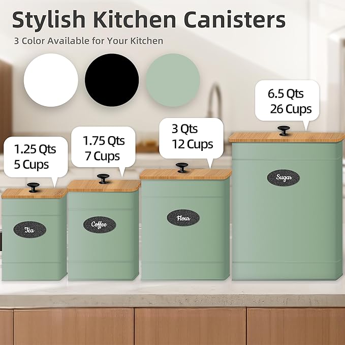 Canisters Sets for the Kitchen Set of 4, Metal Sugar Flour Coffee Storage Containers for Countertop with Airtight Lids, Customizable Chalkboard Labels & Marker Pen, Storage Jars Canisters - Sage Green