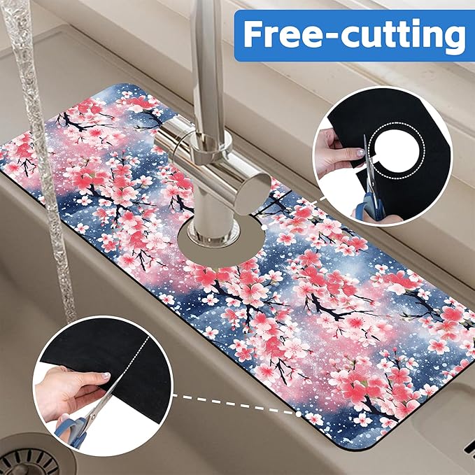 Japanese Pink Cherry Blossoms Dish Drying Mat for Kitchen Sink Splash Guard Behind Faucet Sink Mat Absorbent Fast Drying Faucet Draining Mat for Bathroom Kitchen 5.5"×15"