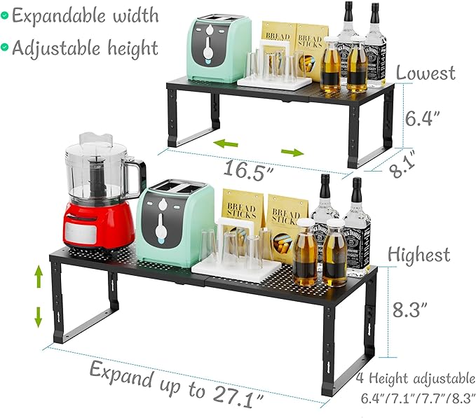 Jojocross Adjustable Expanable Stackable Spice Rack Shelf Pantry Storage Organizer for Kitchen Cabinet,Countertop,Bathroom and More.Space is no Longer Limited(2Packs/Black/Medium)