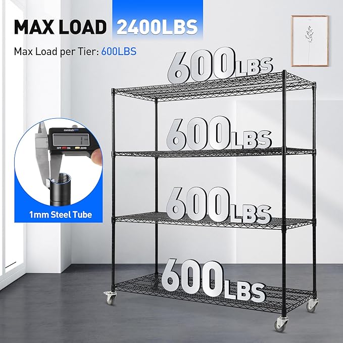 Rengue 4-Tier Wire Shelving with Wheels, 60"x 24"x72" Metal Storage Shelves, Heavy Duty Garage Storage Shelves, Chrome 2400LBS Capacity Wire Shelf Rack for Restaurant, Garage, Pantry, Black