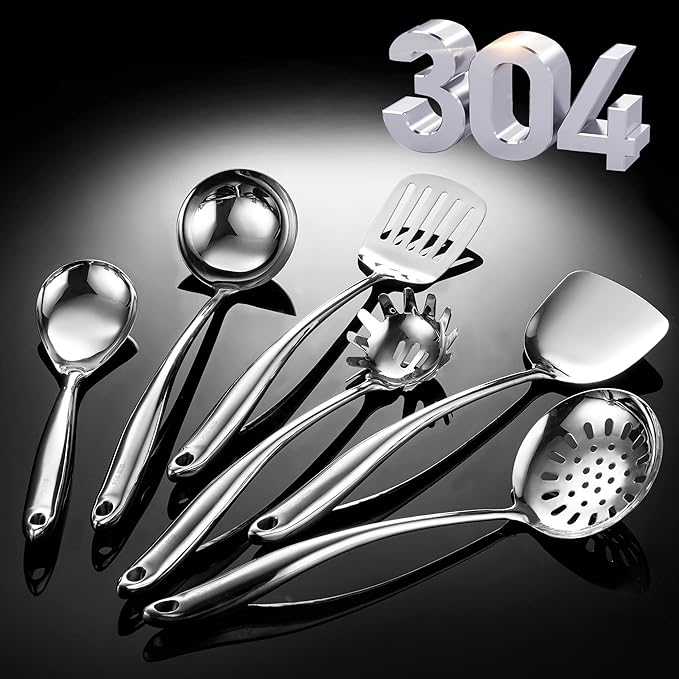 NIITAWH 304 Stainless Steel Kitchen Utensil 6 PCS Cooking Utensils Set, Spatula, Ladle, Skimmer, Slotted Spatula Tunner, Spaghetti Spoon, Large Spoon