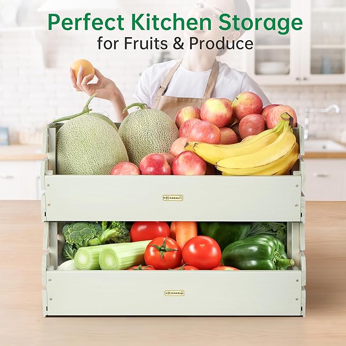 HABAU Potato Onion Storage Bin - Wood Stackable Produce Basket with Handles - Fruit and Vegetable Storage for Kitchen and Pantry Counter Organization - 2 Pack