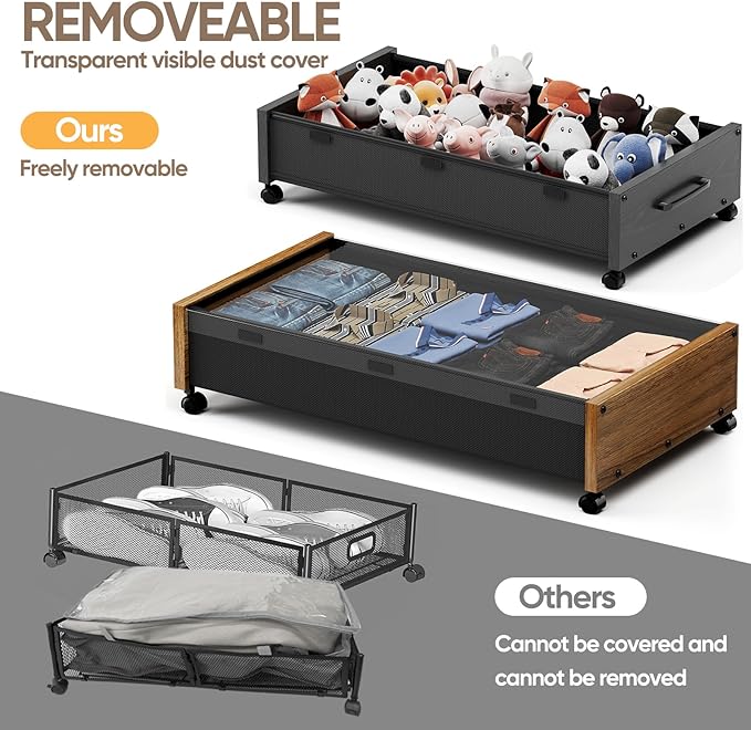 KITHELP Wooden Under Bed Storage with Wheels, Rolling Under the Bed Storage Bins with Removable Lid, Metal Under Bed Drawers for Clothes and Shoes in Bedroom or Living Room(Vintage Brown-1pack)