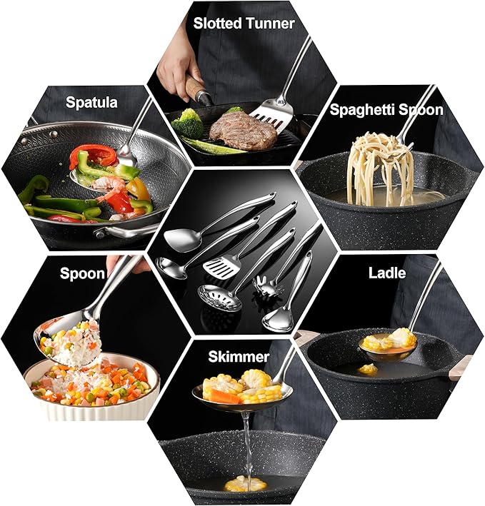 NIITAWH 304 Stainless Steel Kitchen Utensil 6 PCS Cooking Utensils Set, Spatula, Ladle, Skimmer, Slotted Spatula Tunner, Spaghetti Spoon, Large Spoon